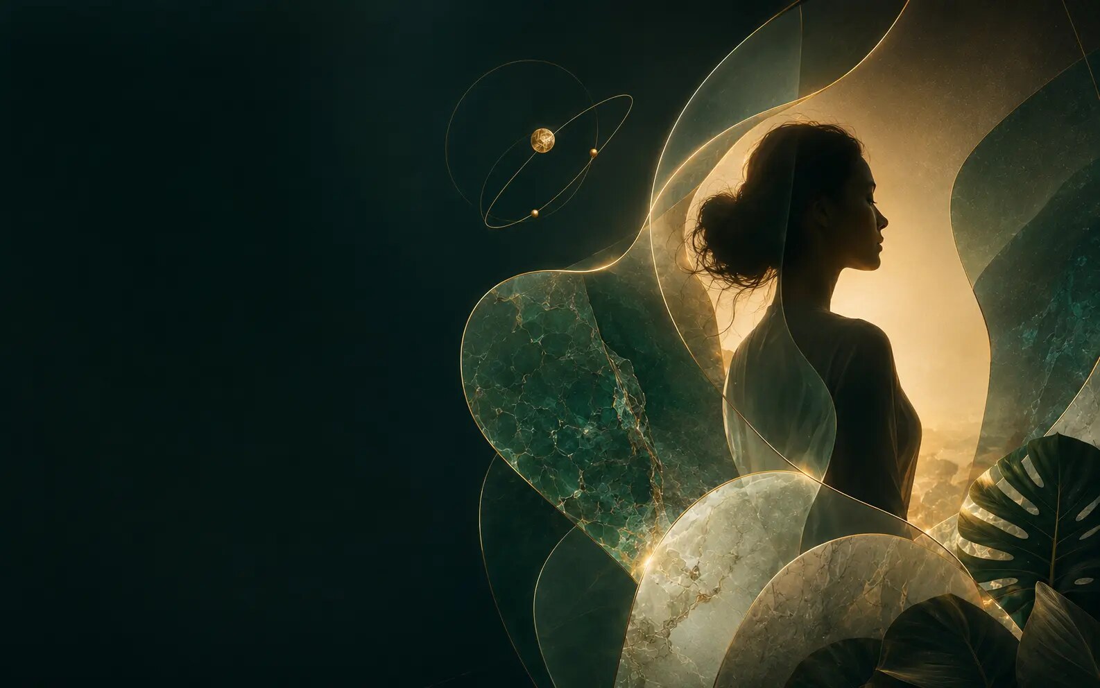 Composición artística de bienestar con luz dorada y tonos esmeralda
